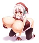  1girl all_fours aoinagi bare_shoulders blush breast_lift breasts breasts_outside christmas female gigantic_breasts gloves hat headphones long_hair nipples nitroplus open_mouth pink_hair red_eyes santa_costume santa_hat solo stockings super_sonico thighhighs 