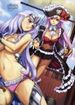 2girls annelotte_(queen&#039;s_blade) big_breasts breasts captain_liliana eiwa hair long_hair multiple_girls official_art panties pink_eyes pirate pirate_hat queen&#039;s_blade queen&#039;s_blade_rebellion short_skirt smile sword tiara torn_clothes weapon white_hair