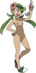  1girl breasts edit female flower green_eyes green_hair hairband hand_on_hips holding human low_res mallow mallow_(pokemon) mao_(pokemon) navel nintendo nipples nude open_mouth pointing pokemon pokemon_sm pussy rebberze shoes small_breasts smile solo standing teeth tongue twintails white_background 