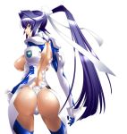  1girl ass back big_breasts blue_eyes blue_hair breasts from_behind high_res long_hair looking_at_viewer looking_back mitsurugi_meiya muvluv muvluv_alternative nobusi ponytail simple_background very_long_hair white_background 