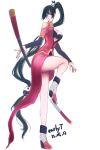  1girl absurd_res bare_shoulders big_breasts black_bra black_hair blazblue boots bra breasts china_dress chinese_clothes cleavage cleavage_cutout detached_sleeves early_type glasses high_heels high_res lao_jiu litchi_faye_ling long_hair low-tied_long_hair polearm ponytail red_eyes semi-rimless_glasses shoes solo staff standing_on_one_leg underwear very_long_hair weapon yin_yang 