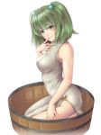  1girl adult big_breasts blush breasts bucket china_dress chinese_clothes dress female green_eyes green_hair hair_bobbles hair_ornament in_container kisume large_breasts mochi.f older short_hair smile solo touhou twin_tails twintails 