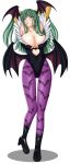 1girl absurdres arms_up artemisumi bat_print bat_wings big_breasts blush boots breasts capcom cleavage demon_girl elbow_gloves full_body gloves green_eyes green_hair highres huge_breasts leotard long_hair morrigan_aensland open_mouth pantyhose patterned_legwear print_legwear print_pantyhose seraphina shadow solo succubus tall_image tears vampire_(game) white_background wings