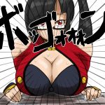  1girl arc_system_works bad_id bare_shoulders black_bra blazblue blazblue:_calamity_trigger bra breast_rest breasts cleavage cleavage_cutout detached_sleeves emphasis_lines glasses hiro_made_ne_tarou hiru_made_ne-tarou huge_breasts litchi_faye_ling long_hair looking_at_viewer red_eyes semi-rimless_glasses side_ponytail solo sweat under-rim_glasses underwear very_long_hair 