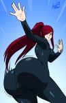  &gt;:) ass ass_shake axel-rosered big_ass big_breasts bodysuit breasts bubble_butt dat_ass erza_scarlet fairy_tail female hair_over_one_eye looking_at_viewer looking_back motion_lines shaking_ass signature solo spandex 