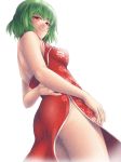  1girl alternate_costume china_dress chinese_clothes dress female floral_print green_hair kazami_yuuka looking_at_viewer mochi.f red_dress red_eyes side_slit smile solo touhou 