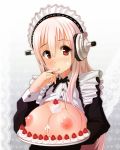 1girl big_breasts blush breast_rest breasts breasts_outside cream female food fruit headphones iwanishi large_breasts long_hair looking_at_viewer maid maid_headdress nipples nitroplus open_clothes open_mouth pink_hair red_eyes solo strawberry super_sonico tray 