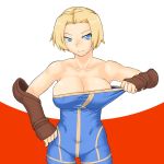  1girl abs bare_shoulders big_breasts blonde_hair blue_eyes bodysuit breasts cleavage cleavage_reach covered_nipples erect_nipples female final_fantasy final_fantasy_tactics fingerless_gloves gauntlets gloves large_breasts monk monk_(fft) short_hair simple_background smile solo tsukudani_(coke-buta) unitard white_background 