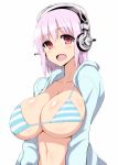  1girl :d bikini blush breasts collarbone headphones huge_breasts ishioto long_hair nitroplus open_clothes open_mouth pink_hair red_eyes simple_background smile solo striped striped_bikini striped_swimsuit super_sonico swimsuit white_background 