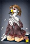  beak bird brown_hair claws edmol feathers headphones red_eyes swan talons transformation webbed_feet 