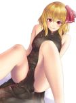  1girl adult alternate_costume blonde_hair blush breasts china_dress chinese_clothes dress fang female hair_ribbon looking_at_viewer mochi.f older red_eyes ribbon rumia short_hair smile solo thighs touhou 