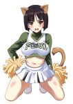  1girl animal_ears big_breasts black_hair blush body_blush breasts brown_eyes cheerleader covered_nipples embarrassed erect_nipples etou_toshiko hand_on_hip kneel kneeling kyougoku_shin large_breasts looking_at_viewer midriff navel open_mouth pom_poms shirt short_hair simple_background skirt solo strike_witches sweatdrop tail taut_clothes taut_shirt white_background 