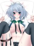  1girl abyss713 bed blue_eyes blush braid breasts cameltoe female izayoi_sakuya knife large_breasts lying maid navel nipples no_bra open_clothes open_shirt panties pillow sakuya_izayoi shirt short_hair silver_hair solo spread_legs sweat thighhighs throwing_knife touhou twin_braids underwear weapon 
