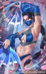  1girl armpits arms_up bangs bare_arms bare_shoulders bikini black_hair blue_bikini blue_eyes bracelet breasts cleavage clenched_hands dual_wielding earrings eyelashes fantasy fighting_stance fingernails holding jewelry judash137 kitana long_hair looking_at_viewer magic mask medium_breasts mortal_kombat muscle navel revealing_clothes skirt standing stockings swimsuit thighs tiara toned very_long_hair weapon 