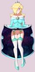  1girl clothed crown dress dress_lift earrings female female_only garter_straps hair_over_one_eye high_heels long_hair no_panties painted_nails princess_rosalina pussy sarukaiwolf solo standing stockings super_mario_bros. 