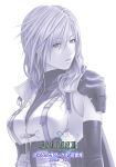  1girl 2008 breasts buckle cape eclair_farron elbow_gloves expressionless final_fantasy final_fantasy_xiii gloves lightning_(ff13) lightning_farron lips looking_at_viewer monochrome parted_lips realistic serenity_raven shoulder_pads simple_background sleeveless solo turtleneck underbust upper_body white_background zipper 