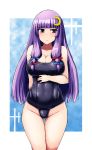  1girl breasts cleavage crescent crescent_hair_ornament female hair_ornament ishimiso_(ishimura) ishimura_(ishimura-ya) long_hair miso_(misosiruoisi) one-piece_swimsuit patchouli_knowledge purple_eyes purple_hair school_swimsuit solo swimsuit touhou undersized_clothes 