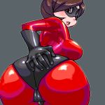  1girl ass bodysuit breasts brown_eyes brown_hair cameltoe disney domino_mask elastigirl gloves grey_background huge_ass large_breasts latex latex_gloves leaning_forward looking_at_viewer lowres mask matagitii milf mrs._incredible ms.incredible no_bra short_hair simple_background skin_tight solo the_incredibles 