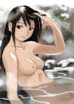  1girl bath black_eyes black_hair breasts dokkn long_hair navel nipples nude onsen original sitting smile snow solo water 