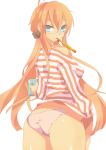  1girl ass bad_id from_behind genderswap glasses inazuma_eleven_(series) inazuma_eleven_go jeanne_d'arc_(inazuma_eleven) kirino_ranmaru long_hair looking_at_viewer looking_back memeo_(candy_house) mouth_hold orange_hair panties simple_background smile solo underwear very_long_hair white_background 