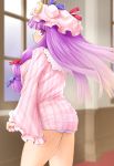  1girl ass babydoll big_breasts blush breasts crescent female hat highres kasuga_yukihito large_breasts long_hair nightgown no_pants panties patchouli_knowledge purple_eyes purple_hair revision see-through solo striped striped_panties touhou underwear window 