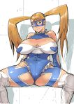  1girl blonde_hair blue_eyes boots breasts breasts_apart butcherboy capcom cleavage heart huge_breasts legs mask rainbow_mika sitting solo street_fighter street_fighter_zero street_fighter_zero_3 thick_thighs thighhighs thighs twintails 
