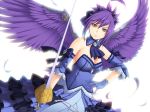  1girl bare_shoulders benimura_karu breasts bunny_black bunny_black_2 cleavage dress game_cg gloves highres looking_at_viewer purple_hair serious short_hair simple_background solo standing sword weapon white_background wings yellow_eyes 