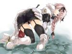  1boy :p androgynous armor ass black_legwear boots braid cape emblem fate/apocrypha fate_(series) faulds fur_trim garter_straps gauntlets hair_ribbon kneel kneeling long_hair looking_at_viewer looking_back male male_focus matsukura_nemu open_mouth pebble pink_hair purple_eyes ribbon rider_of_black sheath sheathed single_braid skirt smile solo stockings sword thighhighs tongue tongue_out trap weapon 