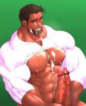 1boy bara blush censored cum facial_hair human jerking_off male male_only masturbation muscle partially_clothed penis pubic_hair solo solo_focus yaoi 