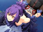  1girl angry areolae arm_grab bare_shoulders benimura_karu bent_over breasts bunny_black bunny_black_2 censored clenched_teeth dress from_behind game_cg gloves highres nipples no_bra no_panties penis purple_hair rape sex short_hair sweat teeth vaginal yellow_eyes 