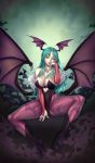  1girl absurd_res aqua_eyes aqua_hair bare_shoulders bat_wings big_breasts breasts cleavage collarbone demon_girl elbow_gloves finger_to_mouth gloves head_wings high_res lips long_hair morrigan_aensland nail_polish pantyhose sethxzoe sitting solo succubus vampire_(game) wings 