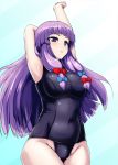  1girl :&lt; alternate_costume armpits arms_up bangs blunt_bangs bow breasts female hair_bow impossible_clothes impossible_swimsuit ishimiso_(ishimura) ishimura_(ishimura-ya) large_breasts long_hair miso_(misosiruoisi) no_hat no_headwear one-piece_swimsuit patchouli_knowledge payot purple_eyes purple_hair school_swimsuit sidelocks solo stretch swimsuit touhou 