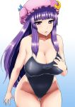  1girl big_breasts breasts cleavage collarbone crescent female hand_on_own_chest hat highleg highleg_swimsuit huge_breasts ishimiso_(ishimura) ishimura_(ishimura-ya) large_breasts long_hair miso_(misosiruoisi) one-piece_swimsuit patchouli_knowledge purple_eyes purple_hair school_swimsuit solo swimsuit touhou 
