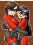  2girls age_difference bodysuit breasts domino_mask elastigirl erect_nipples hair hug hugging large_breasts latex long_hair looking_at_viewer mask milf mother_and_daughter multiple_girls open_mouth pantyhose purple_bonus short_hair skin_tight small_breasts smile the_incredibles tights violet_parr wink 