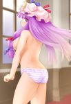 1girl ass big_breasts bow breasts crescent female hair_bow hat high_res highres kasuga_yukihito large_breasts long_hair nipples panties patchouli_knowledge purple_eyes purple_hair revision solo striped striped_panties topless touhou underwear window 