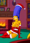  blue_hair breasts cameltoe erect_nipples gloves marge_simpson panties santa_costume stockings the_simpsons thighs yellow_skin 