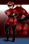  ass big_ass big_breasts blush bodysuit boots breasts brown_hair curvy disney domino_mask elastigirl erect_nipples ganto gloves gradient gradient_background huge_ass large_breasts latex latex_gloves looking_at_viewer looking_back mask milf nipples no_bra pixar see-through short_hair skin_tight skintight solo the_incredibles thick_thighs thigh_boots thighhighs thighs thong wide_hips zoom_layer 