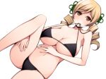 1girl bare_shoulders big_breasts bikini black_bikini blonde_hair blush breasts drill_hair hair_ornament large_breasts long_hair looking_at_viewer lying mahou_shoujo_madoka_magica mouth_hold navel on_back simple_background solo swimsuit tomoe_mami torigoe_takumi twin_drills twintails underboob white_background yellow_eyes 