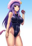  1girl bare_legs bare_shoulders big_breasts breasts competition_swimsuit crescent erect_nipples hat highleg highleg_swimsuit ishimiso_(ishimura) ishimura_(ishimura-ya) large_breasts long_hair looking_at_viewer miso_(misosiruoisi) navel one-piece_swimsuit patchouli_knowledge purple_eyes purple_hair school_swimsuit simple_background skin_tight solo swimsuit tentacle tentacles touhou very_long_hair white_background 