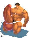  1boy bara blush human hyper male male_only muscle penis pubic_hair solo_focus sweat 