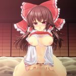  1girl big_breasts bottomless bow breasts brown_hair cowgirl_position cum cum_in_pussy cum_inside detached_sleeves girl_on_top hair_bow hakurei_reimu hetero large_breasts mokumokuren_(atariya_kyoushitsu) nipples open_mouth otome_sensei sex solo_focus straddle straddling touhou uncensored 