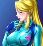  1girl big_breasts blonde_hair bodysuit breasts erect_nipples finger_to_mouth green_eyes hyoukai large_breasts lips long_hair metroid ponytail samus_aran shiny skin_tight solo zero_suit 