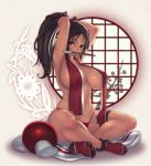  1girl adjusting_hair armpits arms_up breasts brown_hair closed_fan crossed_legs curvy fan fatal_fury feet folding_fan huge_breasts indian_style king_of_fighters large_breasts legs_crossed long_hair mouth_hold navel panties ponytail purple_eyes sethxzoe shiranui_mai sitting snk soles solo the_king_of_fighters toes underwear window 