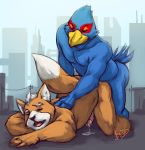  anal anal_penetration black_nose blue_feathers boulevard brown_fur city closed_eyes cum cute falco_lombardi fox_mccloud furry gay happy lombardi macro male male_only open_mouth penetration red_feathers smile star_fox teeth video_games white_fur 