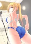  1girl adjusting_clothes adjusting_swimsuit agarwood ass blonde_hair competition_swimsuit from_below long_hair looking_back one-piece_swimsuit original ponytail shower swimsuit yellow_eyes 