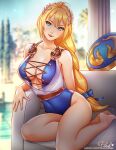 1girl adapted_costume alternate_costume barefoot big_breasts blonde_hair blue_eyes breasts center_opening cleavage full_body gold_trim leotard long_hair milf open_mouth pillar pink_lady_mage ponytail project_soul shield silf sophitia_alexandra soul_calibur soul_calibur_ii soul_calibur_iii soul_calibur_vi soulcalibur soulcalibur_ii soulcalibur_iii tagme thighs
