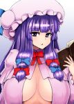  1girl :&lt; big_breasts book bow breasts cleavage female hair_bow hat ishimiso_(ishimura) ishimura_(ishimura-ya) large_breasts long_hair looking_at_viewer miso_(misosiruoisi) no_bra open_clothes patchouli_knowledge payot purple_eyes purple_hair sidelocks simple_background solo touhou 
