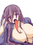  1girl arbok blush breasts chin_rest cleavage fangs forked_tongue hair_over_eyes huge_breasts japanese_clothes kimono long_hair long_tongue no_bra one_eye_closed open_clothes open_kimono personification pokemon pokemon_(game) purple_hair red_eyes seki_(red_shine) solo tongue tongue_out wink 