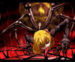 1girl big_breasts black_sclera blonde_hair breasts claws extra_eyes fangs female insect_girl kurodani_yamame kurodani_yamame_(spider) large_breasts letterboxed long_sleeves long_tongue monster_girl multiple_eyes multiple_legs open_mouth pointy_ears red_eyes short_hair silk smile solo spider_girl spider_web tongue tongue_out touhou yuuki_(yukigeshou_hyouka)