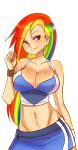  1girl bangs bare_shoulders belly breasts cleavage contrapposto crop_top friendship_is_magic fringe groin hair highres huge_breasts humanized large_breasts long_hair maniacpaint midriff miniskirt mound_of_venus multicolored_hair my_little_pony navel rainbow_dash rainbow_hair red_eyes skirt smile solo sweatband 
